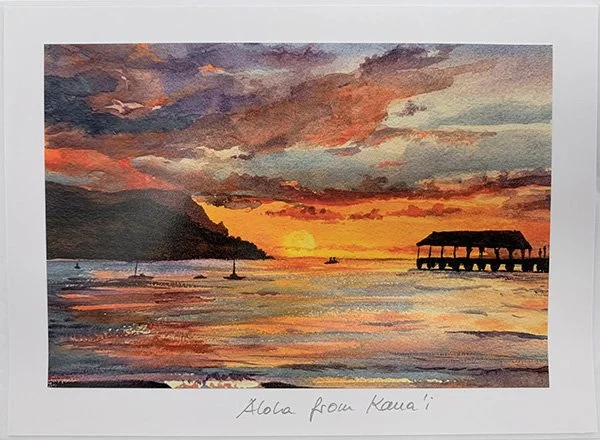 Hanalei Sunset at Pier Watercolor — Art by Arroyo | Hawaiian art